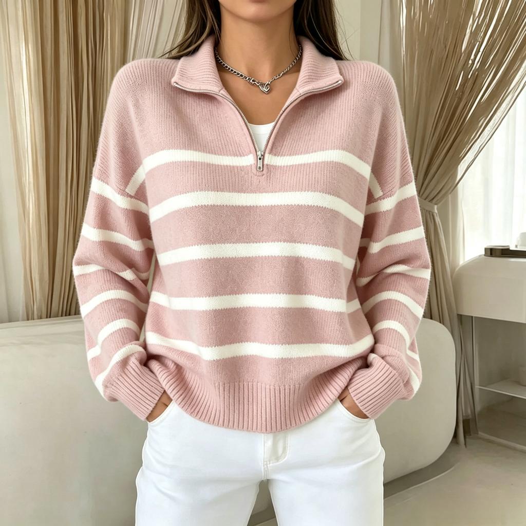 Women's Vintage Half Zip Striped Knit Pullover Top