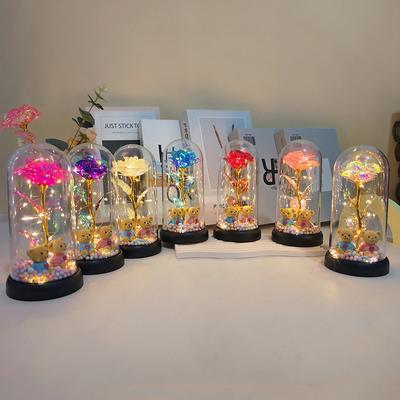 Lampe de nuit en verre avec couvercle en plastique et fleur éternelle, rose artificielle et ours en peluche, cadeau de Saint-Valentin pour votre petite amie