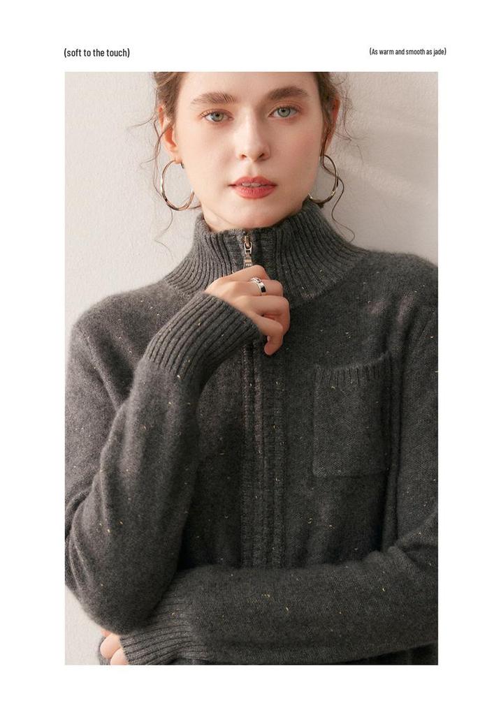 2025 A/W Women's Cashmere Stand Collar Cardigan, Golden Bean Yarn, Double Zipper, Thick Knit with Pockets.