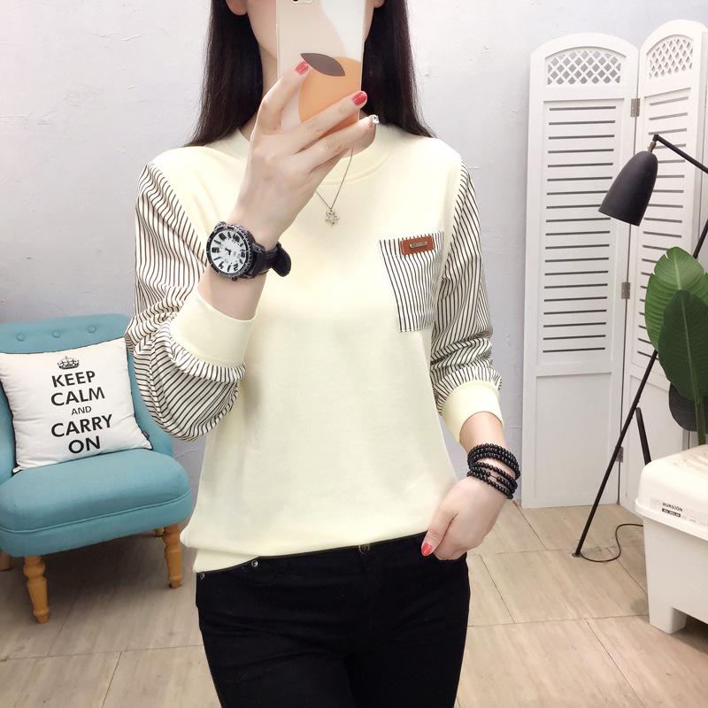 2025 Autumn Korean Simple Casual Striped Patchwork Loose Plus Size Round Neck Apricot Sweatshirt