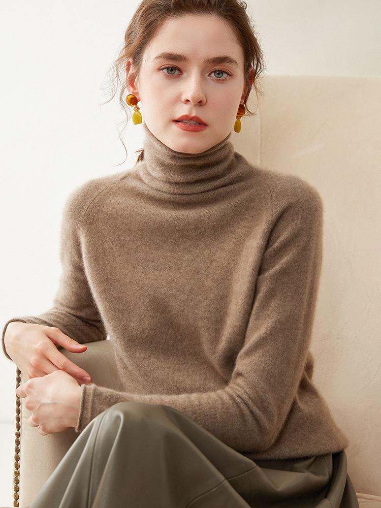 Women's Cashmere Sweater: Rolled Hem, Pile Collar, Solid Color, Loose Fit, Slimming Raglan Sleeve, Pure Wool Knit.