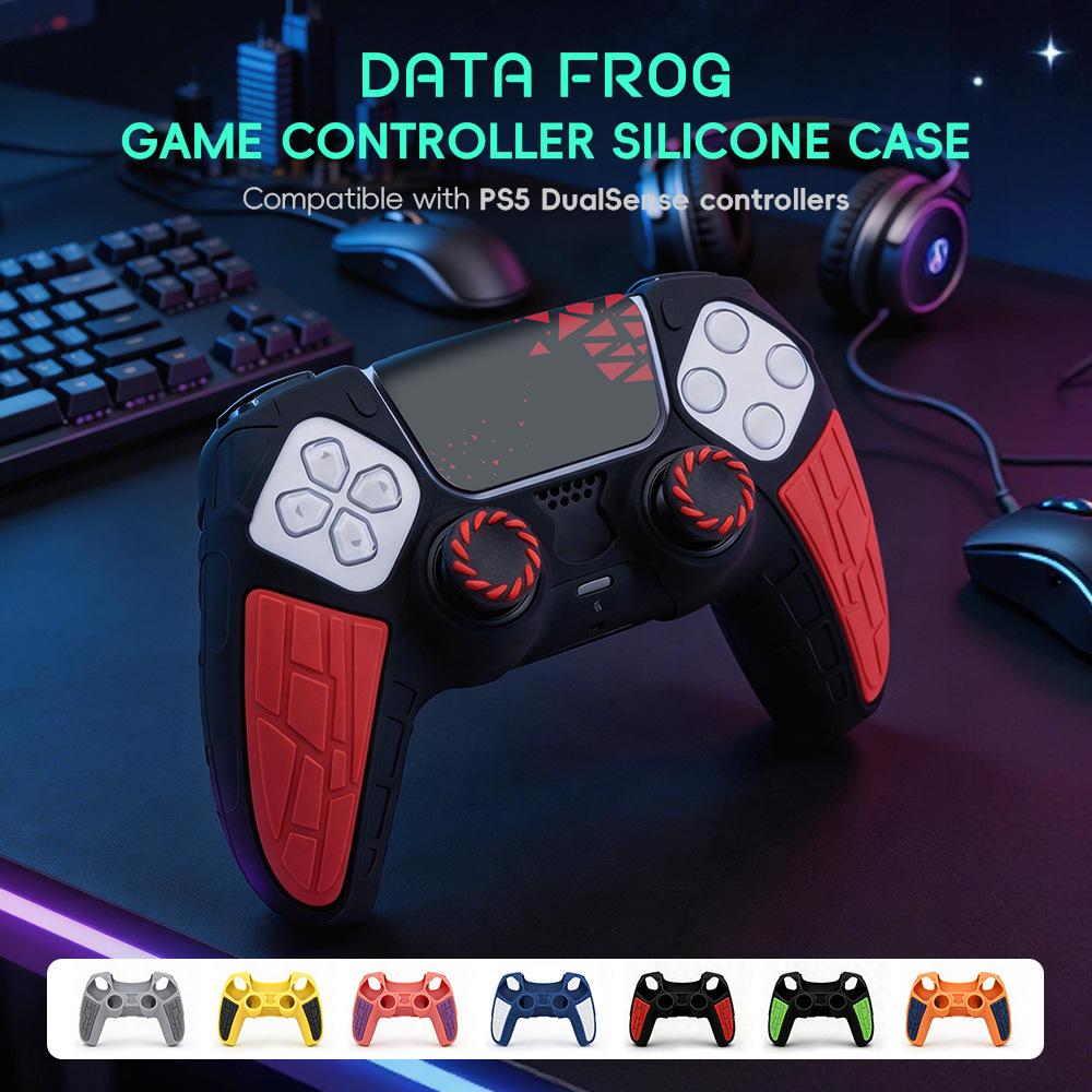 Black-Red Silicone Cover For PS5 Controller + 2 Thumb Caps + 1 Sticker Set