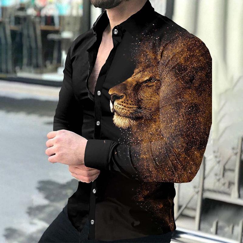 Camisas de moda para hombre, camisa con estampado de León, camisa de manga larga con solapa para hombre