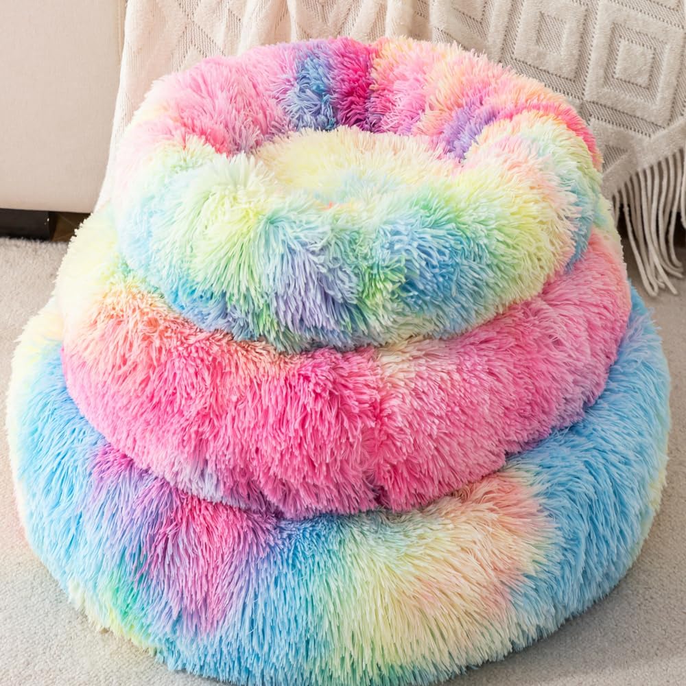 Small Cat Bed Nest Bed Dog Bed Round Bed Donut Rabbit Bed Pet Bed Small Kitten Bed Warm Fluffy Donut Bed Furry Cat for 3Kg Pet