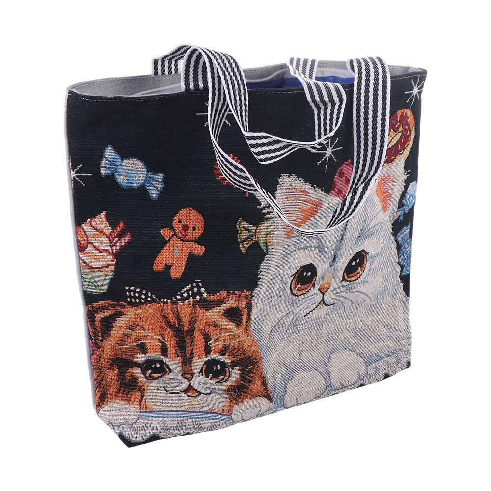 Embroidery Cute Cat Cloth Bag Canvas Animal Shoulder Bag Ethnic Style Handbag  Grocery Handbags
