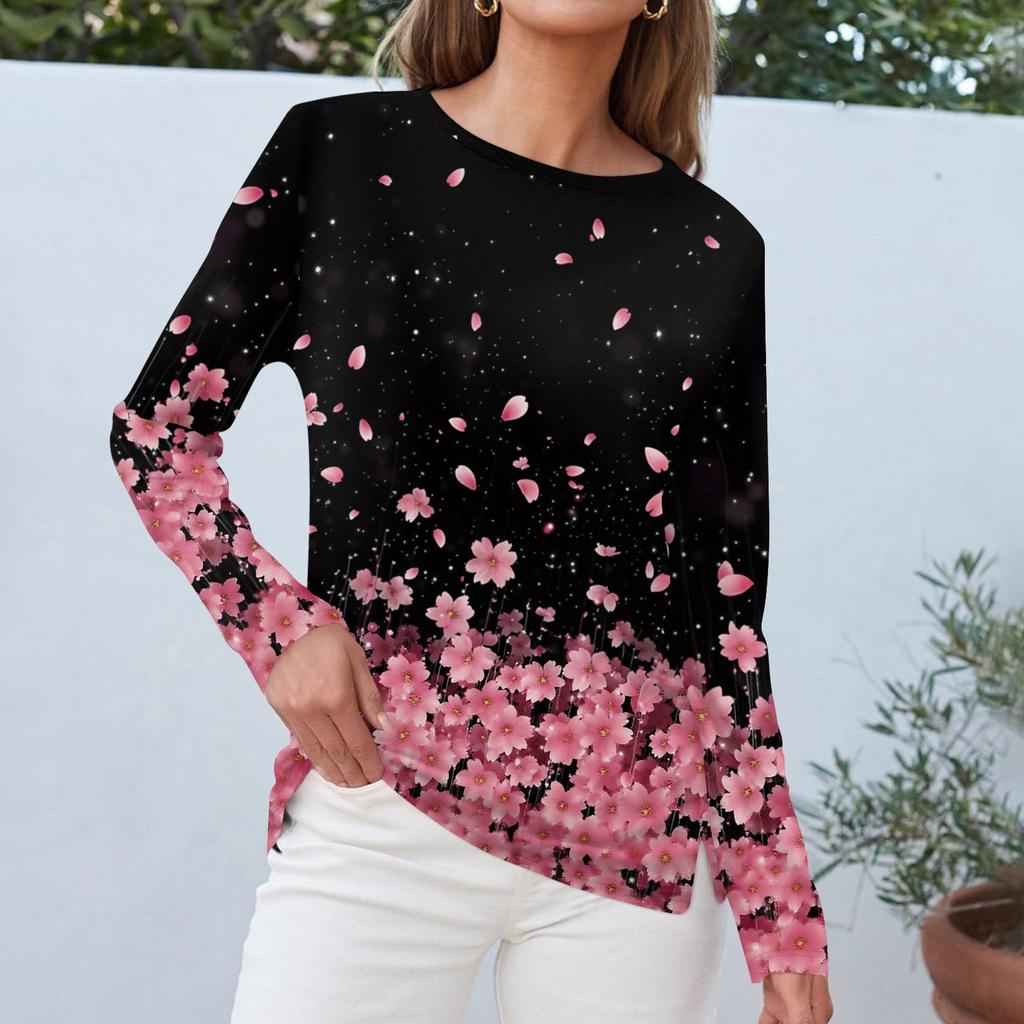 Dámský denní ležérní top s dlouhým rukávem a potiskem s kulatým výstřihem