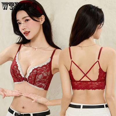 Soutien-gorge à bouton avant Sexy Dentelle Soutien-gorge galbant Rétraction mammaire Anti-affaissement Sous-vêtements Dentelle Sans armature Beau dos Soutien-gorge