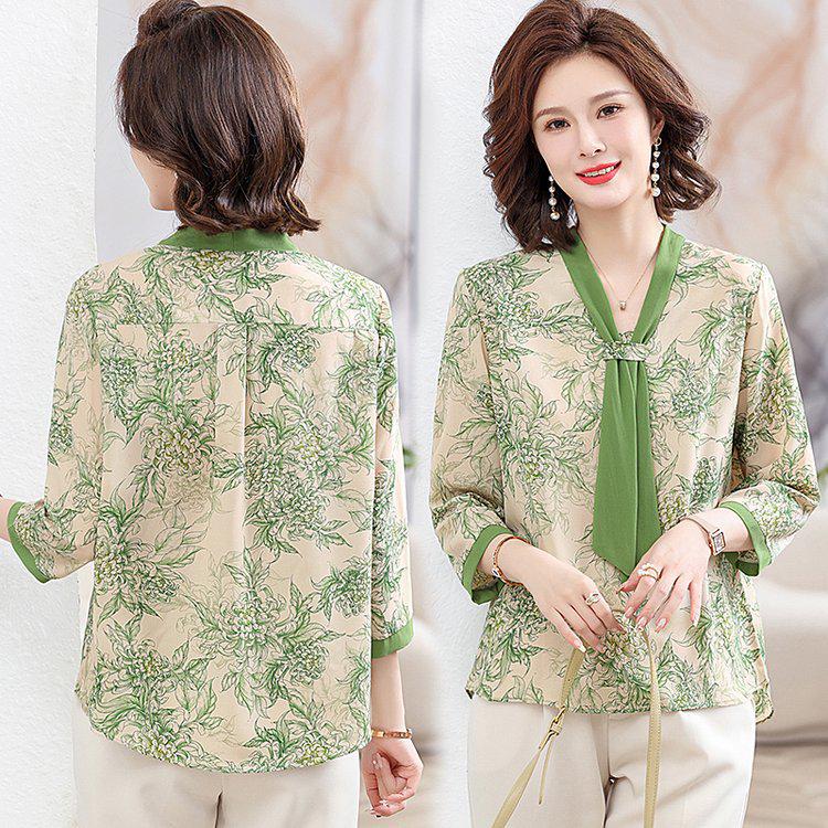 Women s V-Neck Green Floral Chiffon Shirt - Loose Three-Quarter Sleeve Top 4XL