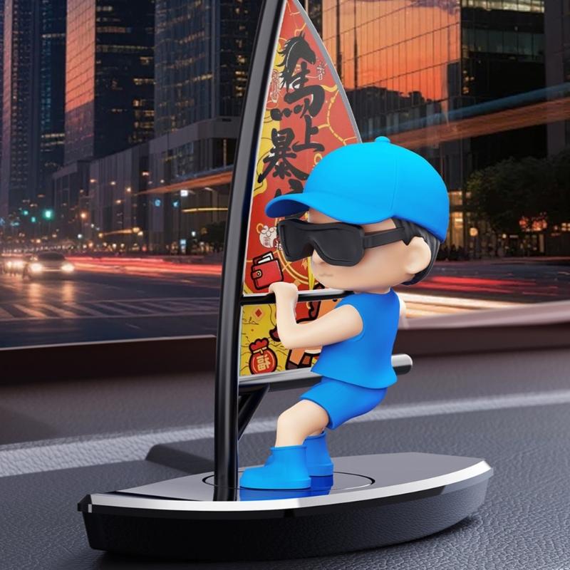 Sailing Boat Car Dashboard Decoration with Detailed Base, Sail and Character Figure, Plus Scent Insert for Cabin Accent