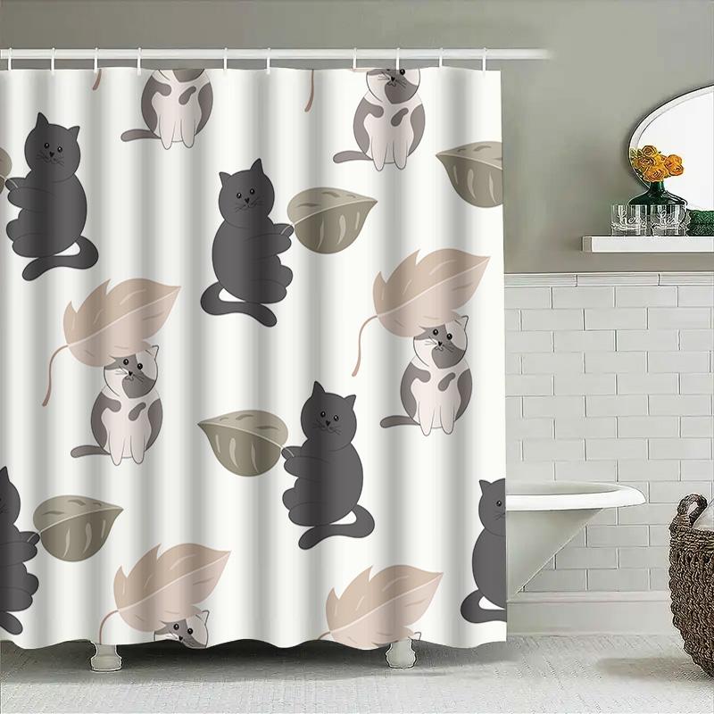 White Shower Curtain With Black Grey Cats And Leaves Decorative Bathroom Accessories For Home Decoration