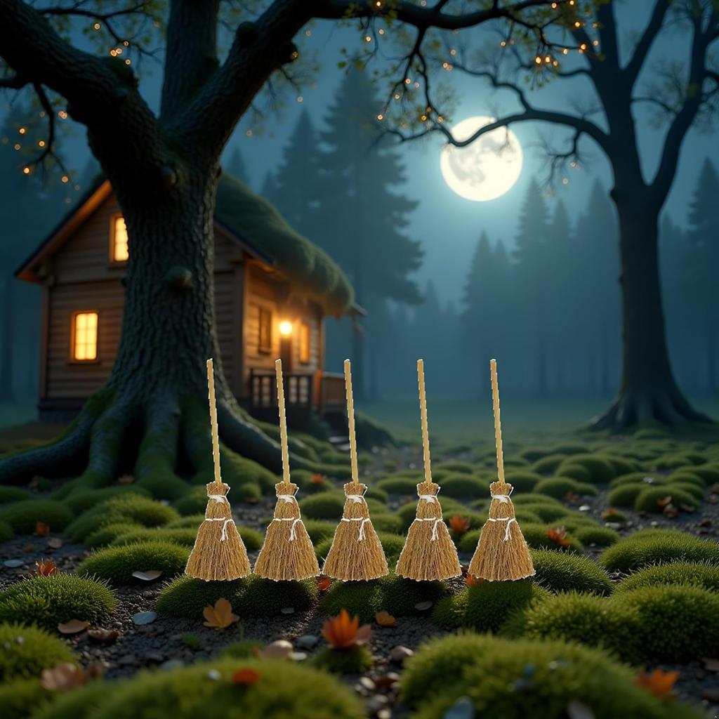 5 Pcs Witch Broomstick Set - Miniature Broom Props, Fairy Decoration, Cinnamon Broom, with White Ropes Halloween Straw Craft Decoration Witches