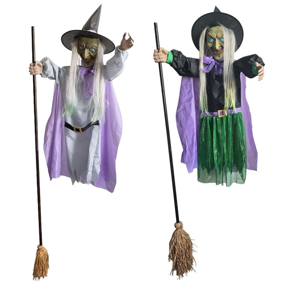 Sensor Witch Decor Flying Witch Halloween Decoration Halloween Flying Witch Decor with Sound Light-up Eyes for Outdoor Garden