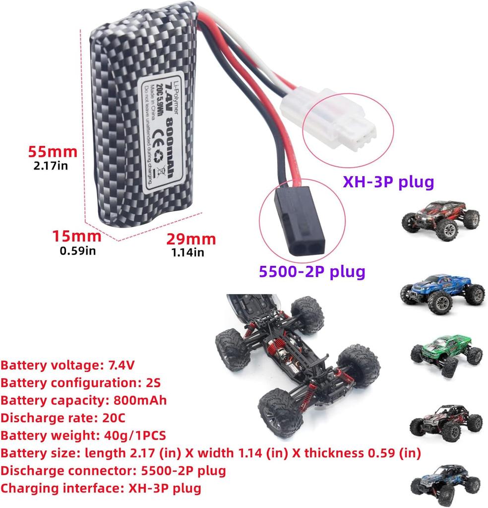 2× Baterii LiPo 7.4V 800mAh – Compatibile cu Mașini RC 9130, 9135, 9136, 9137, 9138, 914 – Capacitate Mare – Negru
