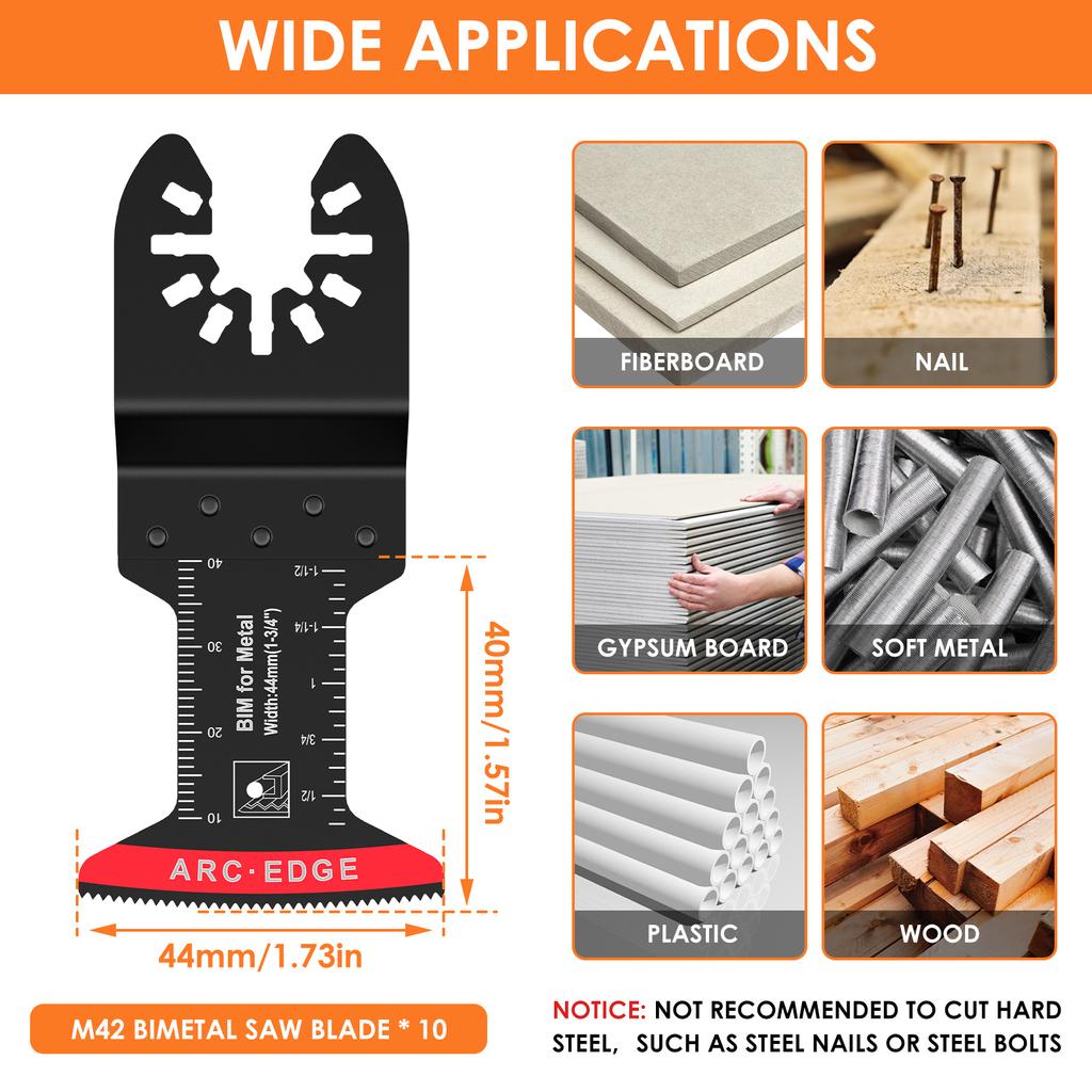 10 Stück Bi-Metall-Oszillierende Sägeblätter, multifunktionale oszillierende Multitool-Sägeblätter mit 3 Abstandshalteradaptern, Arc Edge Multitool