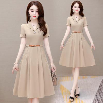 Büroangestellte Elegant Kerbkragen Plissee-Kleid Koreanische Mode Kurzarm A-Linie Midi Vestido Gürtel Sommer Lässig Schlanke Kleider