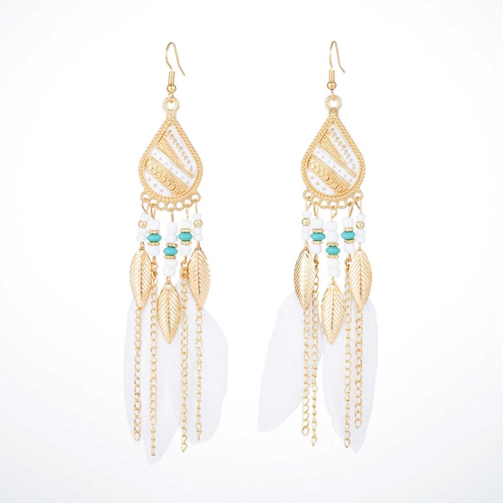 Vintage Bohemian Feather Tassel Earrings Exaggerated Ethnic Vacation Dangle Ear Jewelry Fashion Accessories For Women
