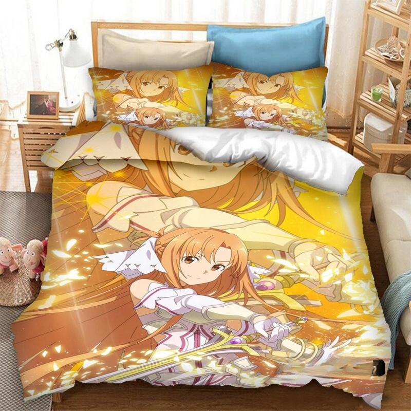 Anime SAO Yuuki Asuna Bedding Set,Duvet Cover Comforter Bed Set Quilt Cover Pillowcase,King Queen Twin Size Boys Girls Adults
