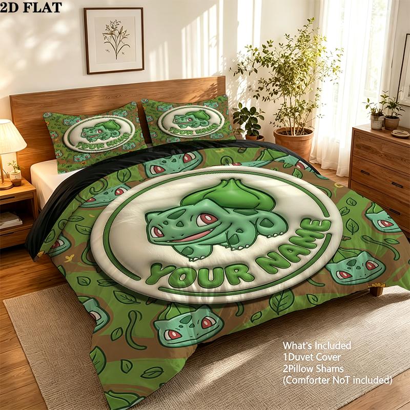 Custom Name,Bulbasaur Pattern Bedding Home Decoration Birthday Gift ( 1 duvet cover + 2 pillowcase, without core),fan merchandise.