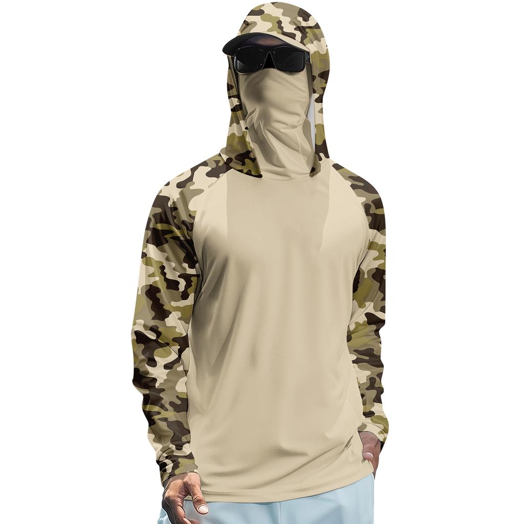 Long Sleeve Hooded Shirt for Men Lightweight Pullover with Camouflage Print Raglan Sleeves Outdoor Apparel