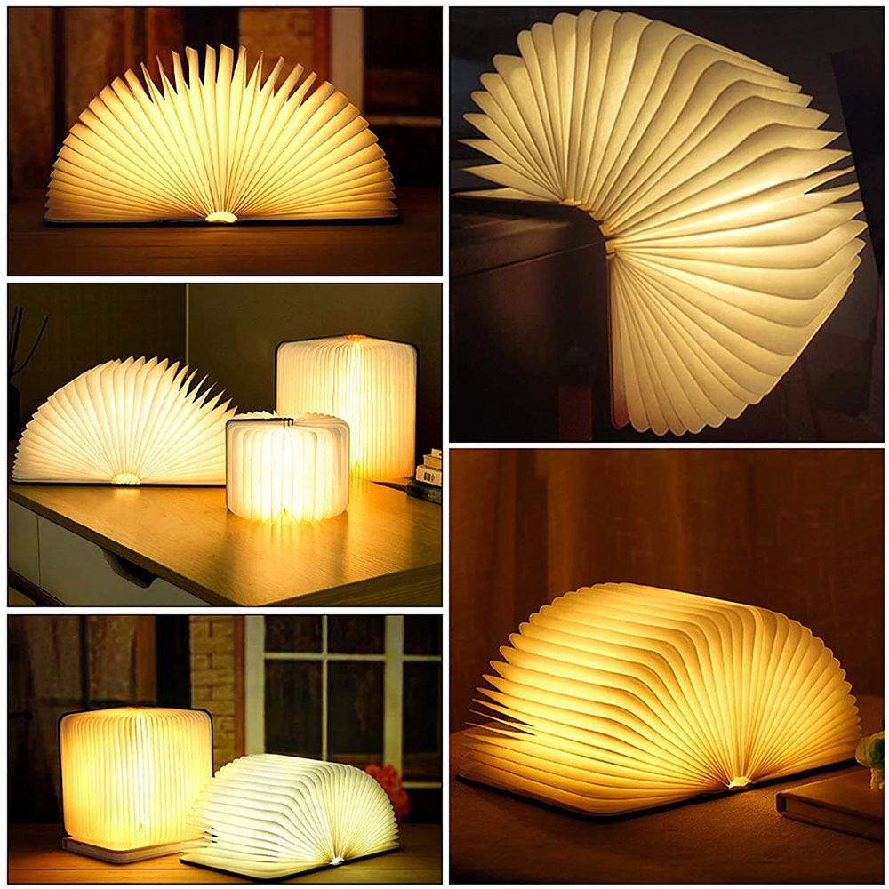 Three-Color Carved LED Wooden Book Lamp: Foldable Night Light