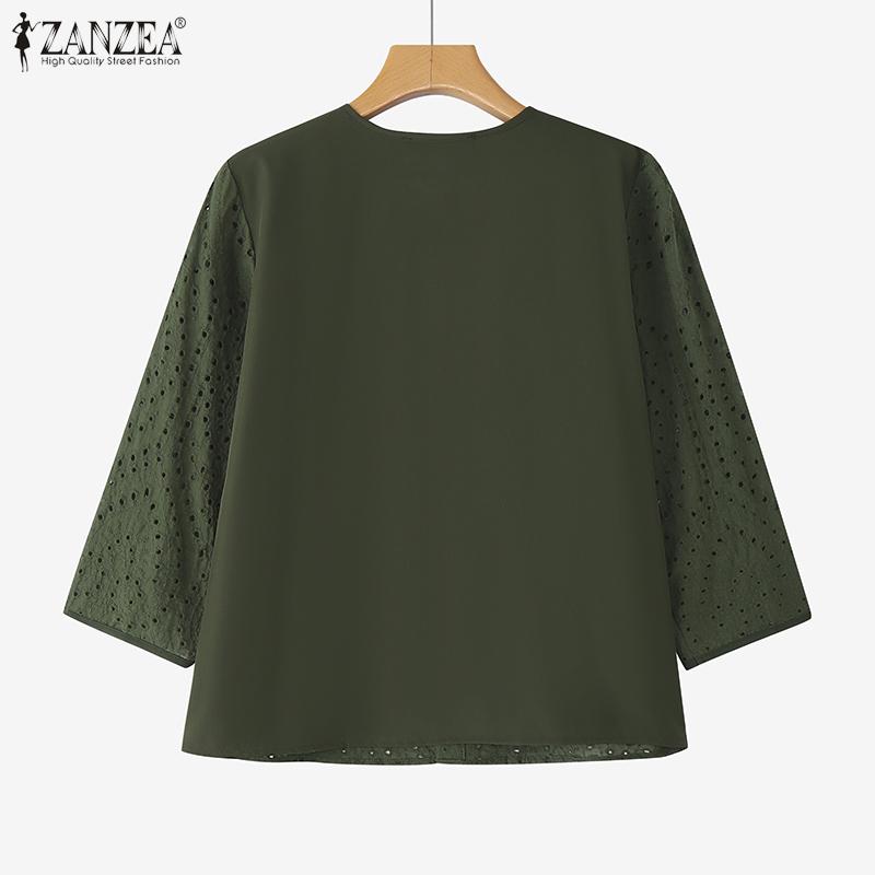 ZANZEA Dámská letní halenka s kulatým výstřihem, 3/4 rukávy, krajkovým háčkovaným patchworkem, volného střihu