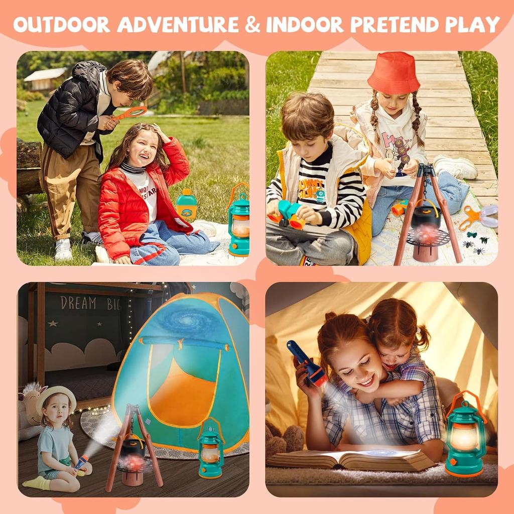 Kids Camping Set 50pcs with Tent & Space Projector Flashlight- Outdoor Campfire Toy Set for Toddlers Kids - Pretend Play Camp Gear Tools for Birthday