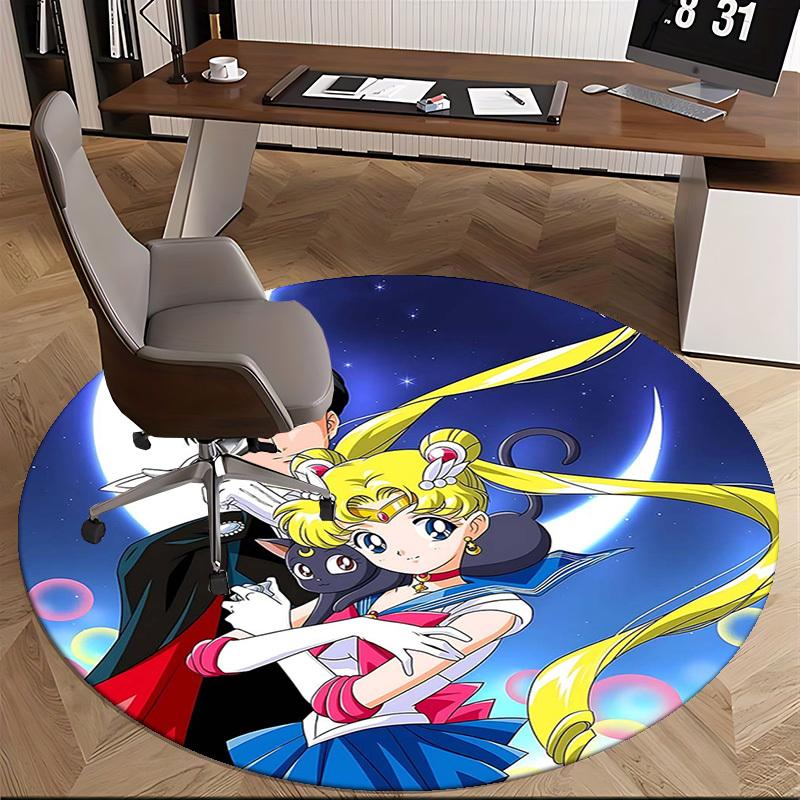 1pc Sailor Moon Anime Cartoon Design Round Carpet  Office Chair Mat, NonSlip Rug for Home Decor, Living Room, Bedroom, Game Room