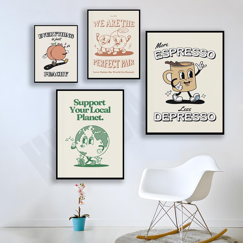 Retro Coffee Fruit Sunshine Canvas Painting Prints Fun Kitchen Posters More Espresso Less Depresso Quotes Canvas Wall Art Decor No Frame