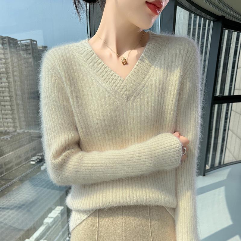 Autumn Winter Women's Thickened Mink Velvet V-Neck Sweater - Loose, Versatile Knit Base Layer Pullover