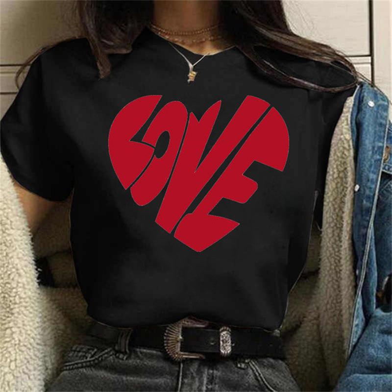 Cute Women's Summer Tee with Love Heart Pattern - Fashion Short Sleeve Top