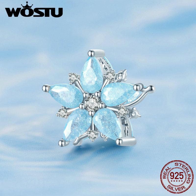 WOSTU 925 Sterling Silver Snowflake Butterfly Charms Blue Crystal Crown Beads Fit DIY Bracelet Necklace Gift Winter Ice Kingdom