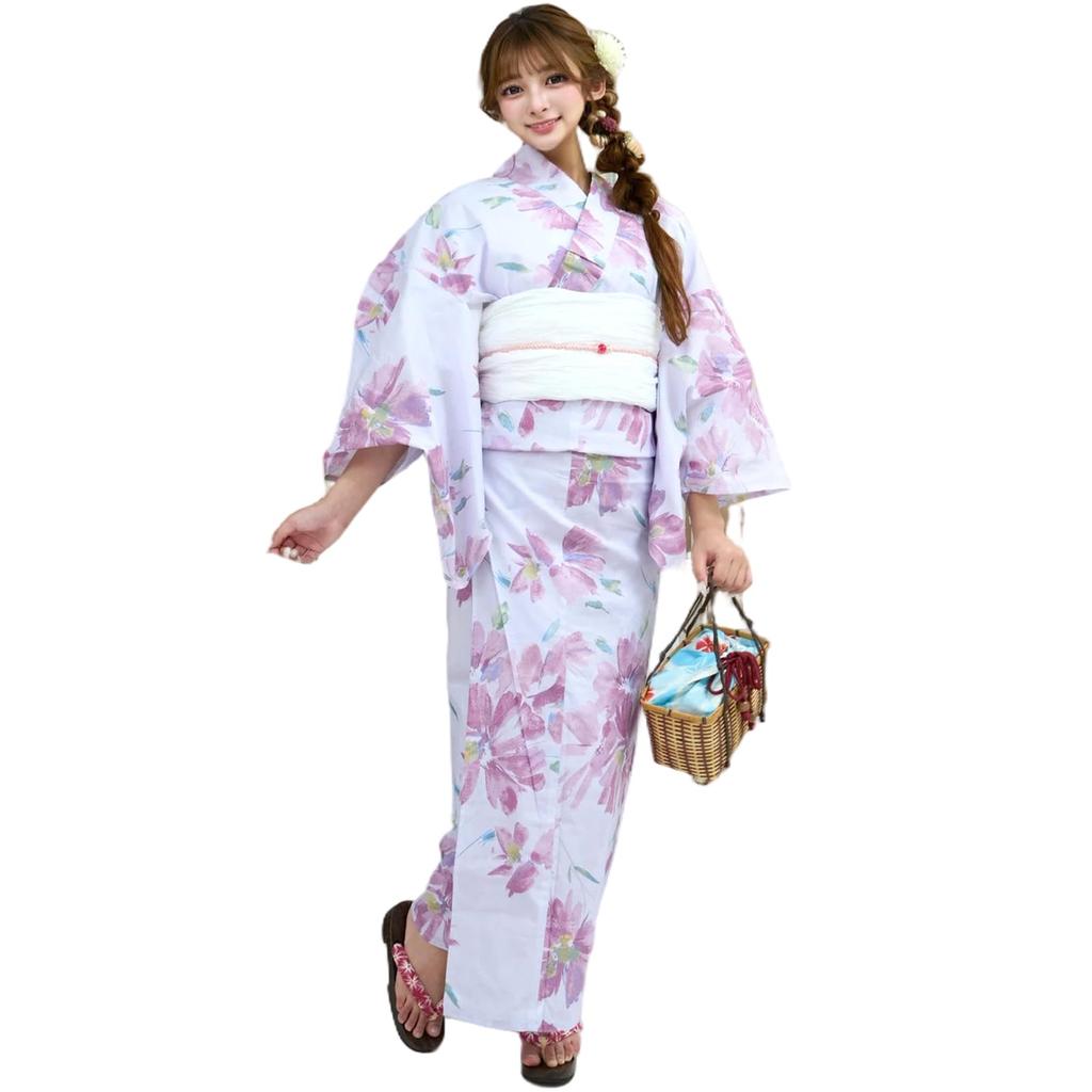 RAVIR Yukata Pale Purple with Large Pink Floral Fluffy Obi and Geta Free Size Women's 3-Piece Set, Pattern, Belt, Sandals, (Pink)