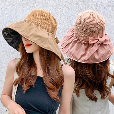 Black Rubber Ribbon Bow Sunscreen Hat Splicing Fashionable Outdoor Fisherman Hat Casual Outdoor Beach Hat Sunshade for Women