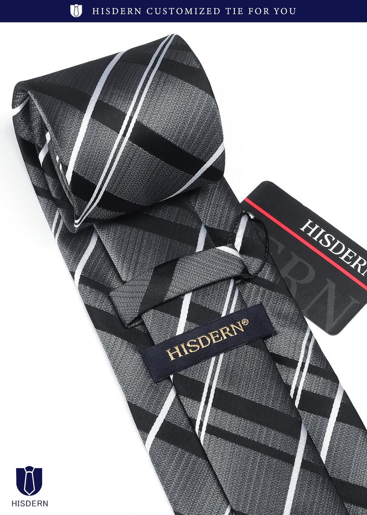[HISDERN] Business Tie and Pocket Square Set for Men - Brand Tie 3-Piece Set - Navy Stripe Pattern - Business, Job Hunting, Father's Day Gift A3-02