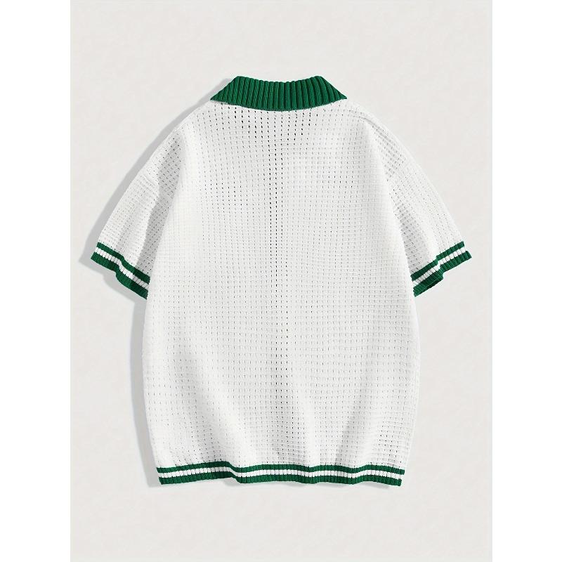 Short Sleeve Knit Cardigan Green Collar Waffle Texture Breathable Summer Casual Top