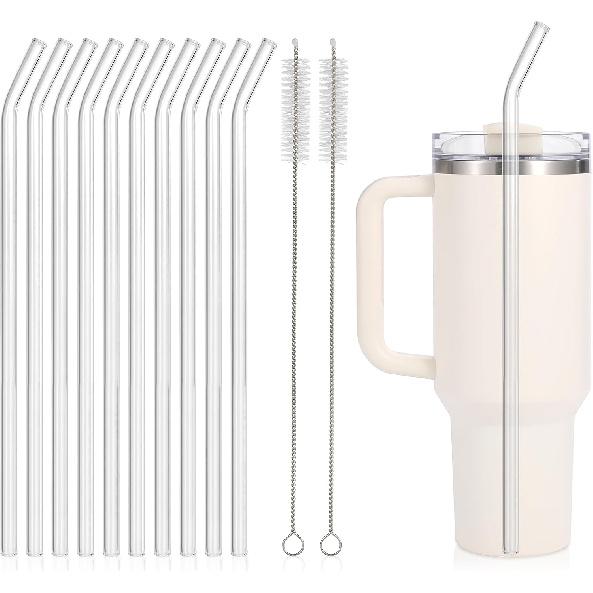 [10 Pcs] Reble Short Bent Glass Straws - 6" x 10 mm Clear Glass Straws Shatter Resistant Cocktail Straw With 2 Cleaning Brushes for