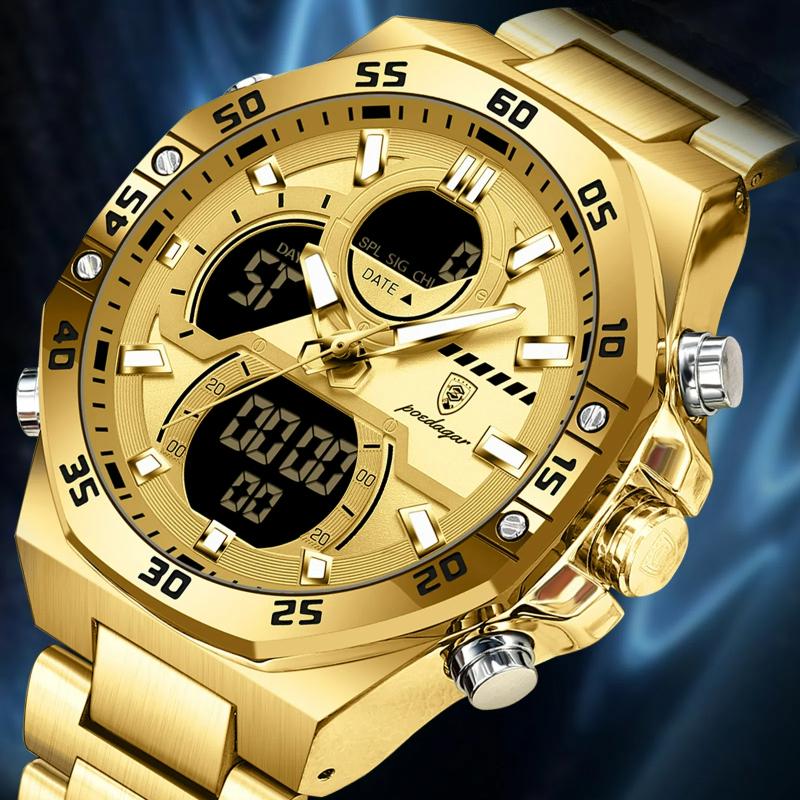 POEDAGAR Top Original Men Clock LED Luminous Waterproof Week Date Man Wristwatch Electronic Stainless Steel Quartz Men's Watches