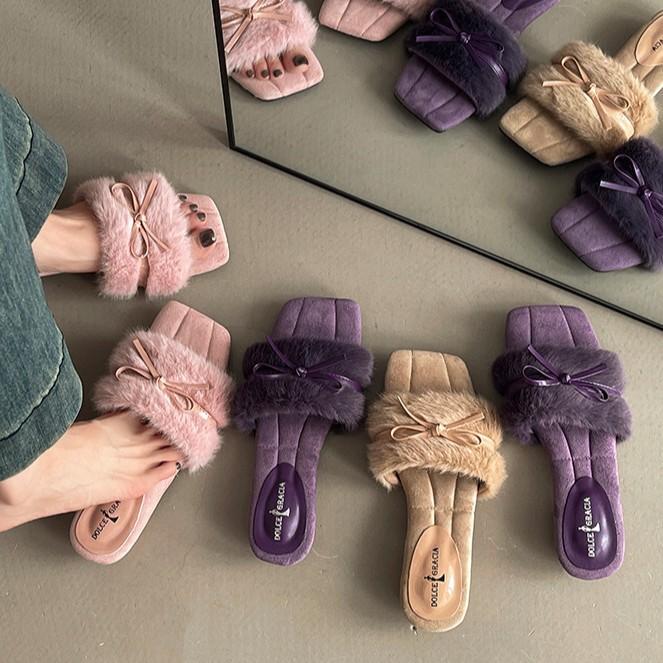 Autumn and Winter Fashion Retro Bow Wedge Heel Fluffy Slippers Simple Word Casual Outer Wear Women's Cotton Mop
