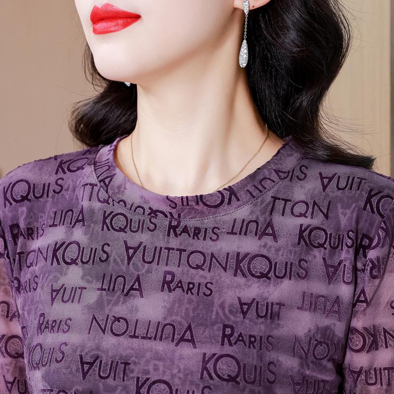 Flocked Printed Elastic Long-sleeved Mesh Base Shirt for Women In Autumn New Style Slim Fit T-shirt Top
