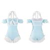 [Cosplay Kingdom] Lolita-style frilly swimsuit, ribbon decoration, off-shoulder, one-piece swimsuit (JP, alphabet, L, girls (small), light blue)