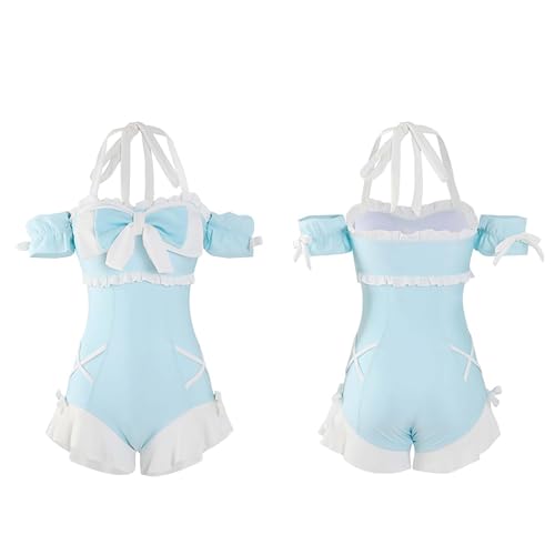[Cosplay Kingdom] Lolita-style frilly swimsuit, ribbon decoration, off-shoulder, one-piece swimsuit (JP, alphabet, L, girls (small), light blue)