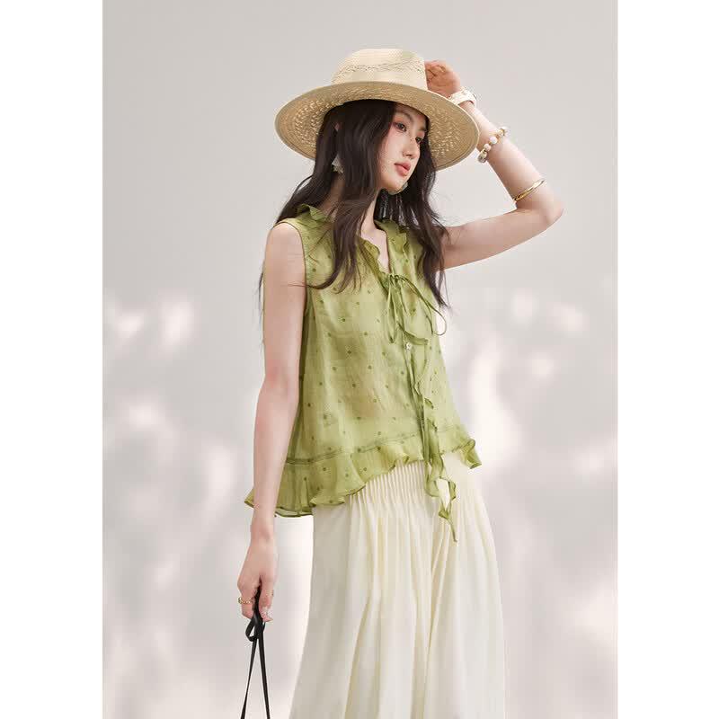 French Style Ramie Polka Dot Sleeveless V-Neck Blouse