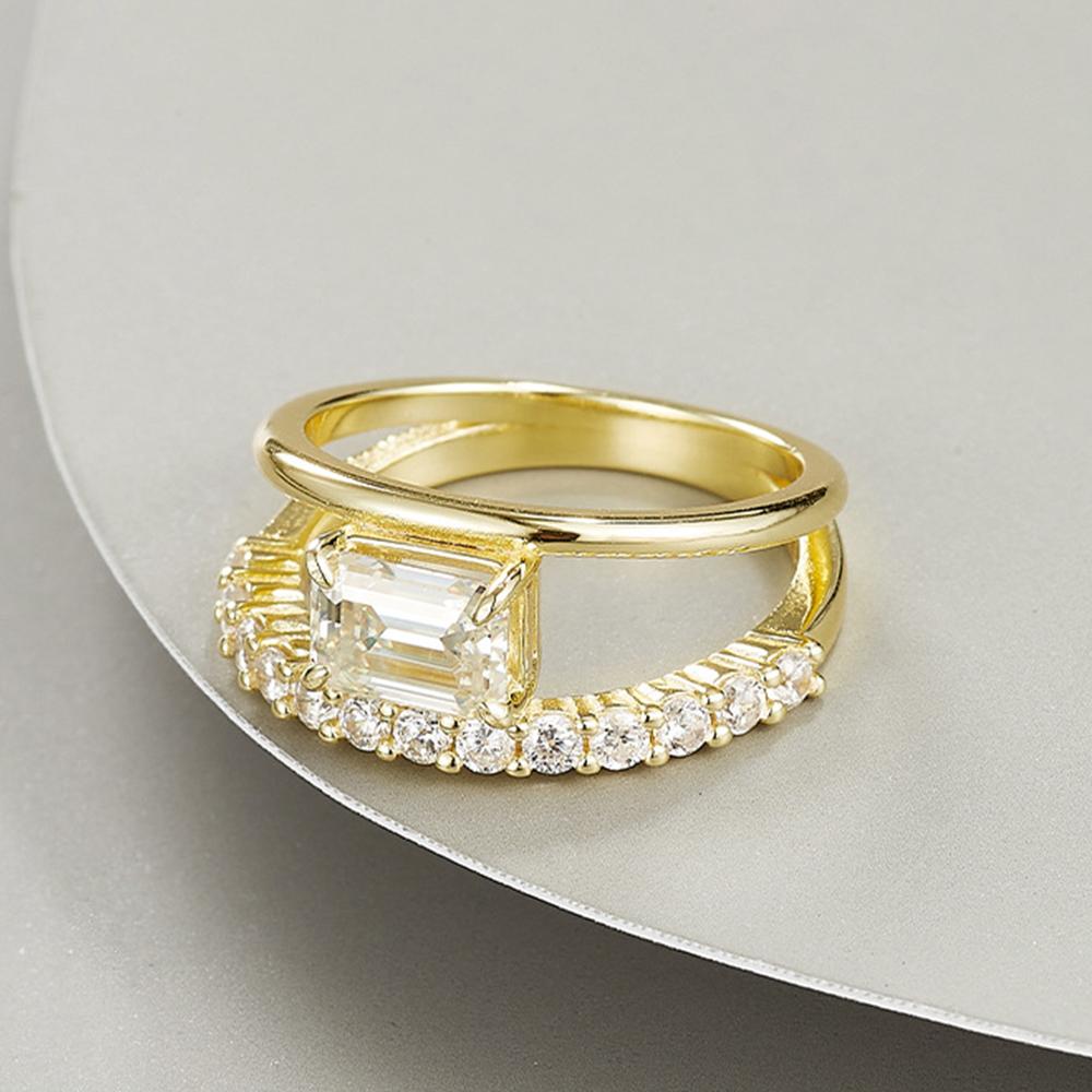 5x7mm Emerald Cut Moissanite Double Layer Rings for Women Copper18K Gold Plated Party Ring Wedding Bands Jewelry