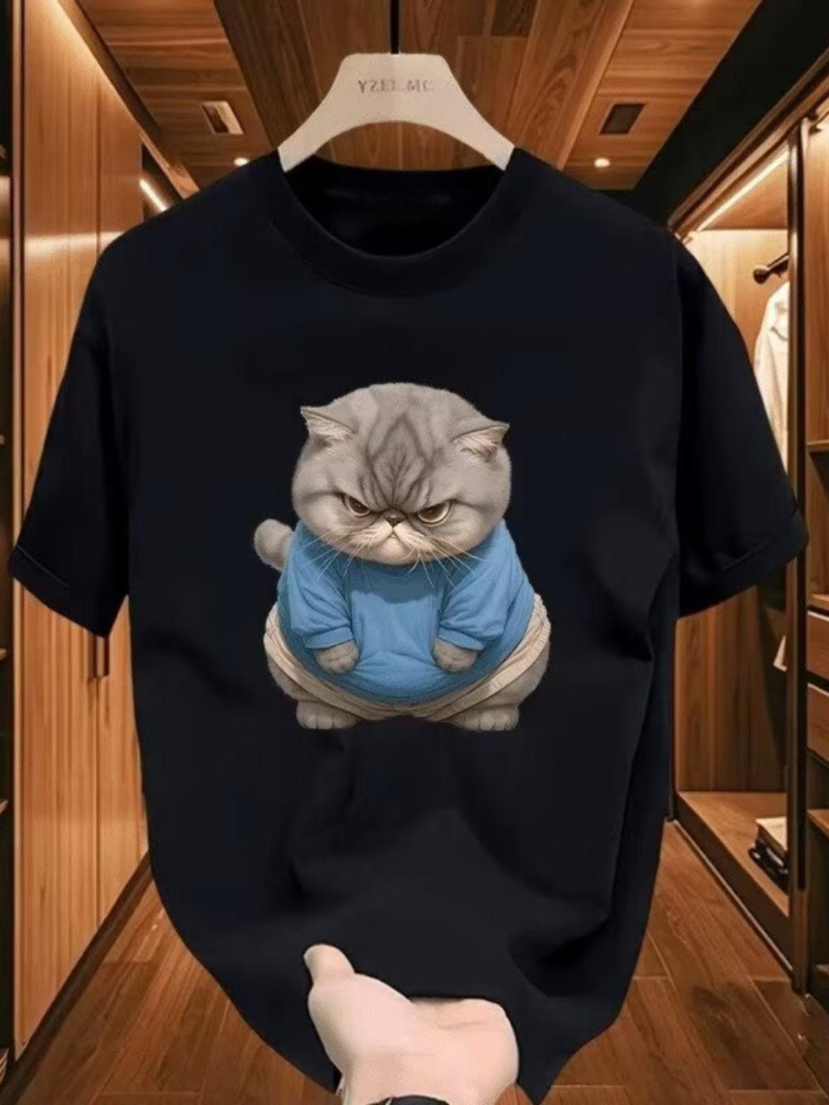 

2025 Новая американская ретро мультяшная футболка с коротким рукавом с принтом толстого кота для мужчин Ся Пи Красивая и универсальная Инс Круглый вырез 4XL