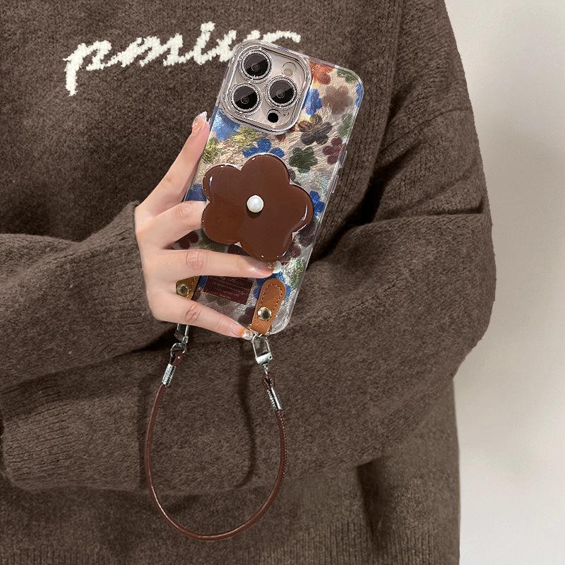 Retro Flower Bracket Lanyard Suitable for Apple 16e Mobile Phone Case Iphone15promax All-inclusive Lens Film 13