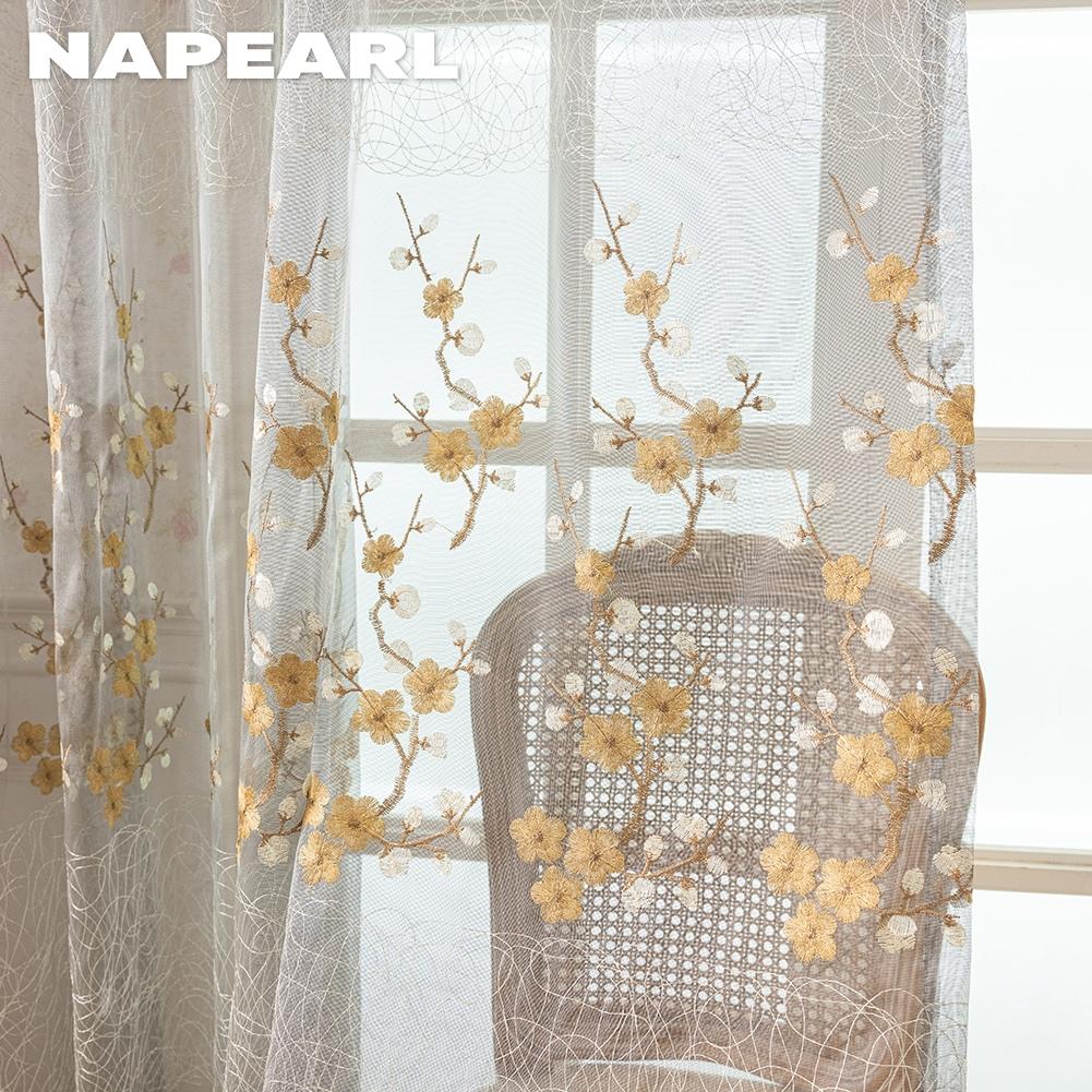 1PC NAPEARL European Retro Embroidered Sheer Curtain, Plum Blossom Pattern Transparent Curtain for Living Room Bedroom Balcony Window Home Decor