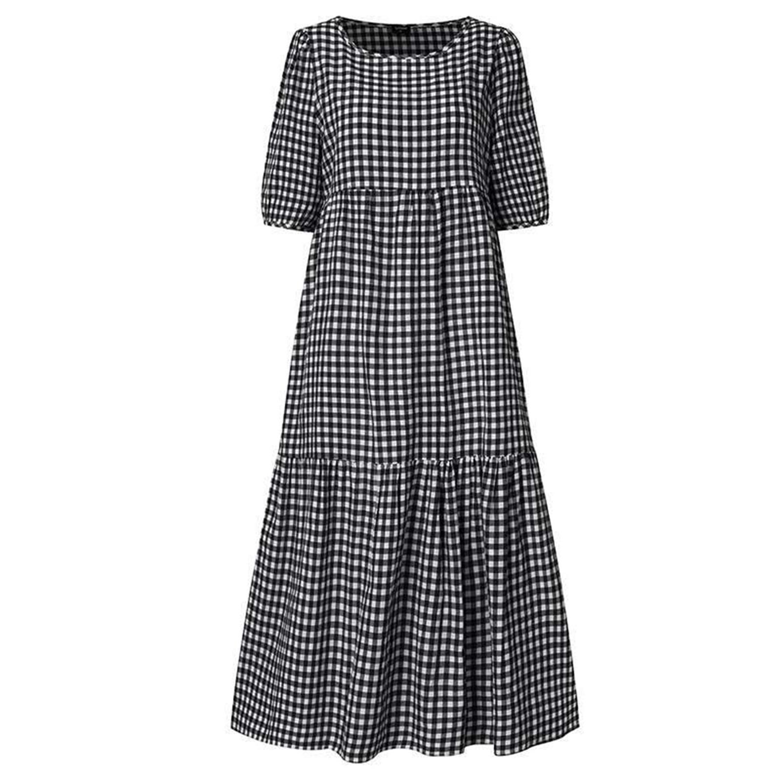 Женское летнее повседневное клетчатое платье с пышным воротником и круглым вырезом — фото 3