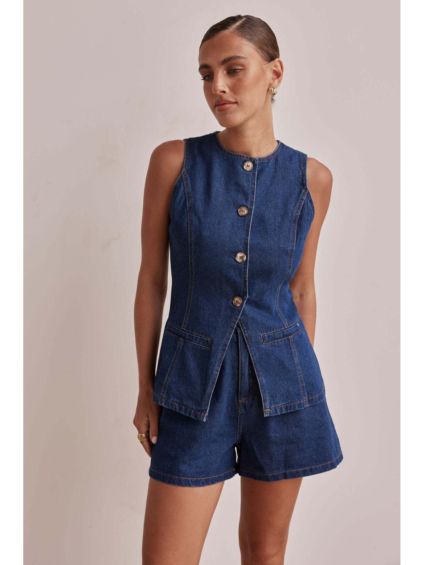 

Весна/Лето 2025 Европейская и Американская Мода Безрукавный Комплект Свободных Джинсовых Шорт с Завышенной Талией Small