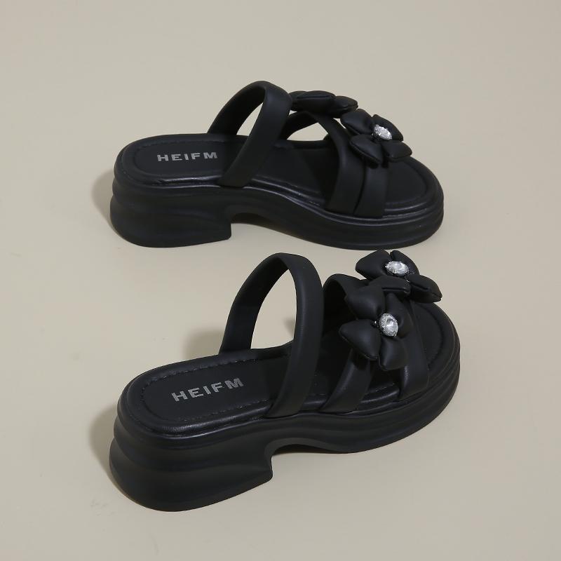 CRLAYDK Sandals for Women Strap Slip On Flowers Leather Slides Ladies Footwear Platform Low Square Heel Casual Beach Slippers