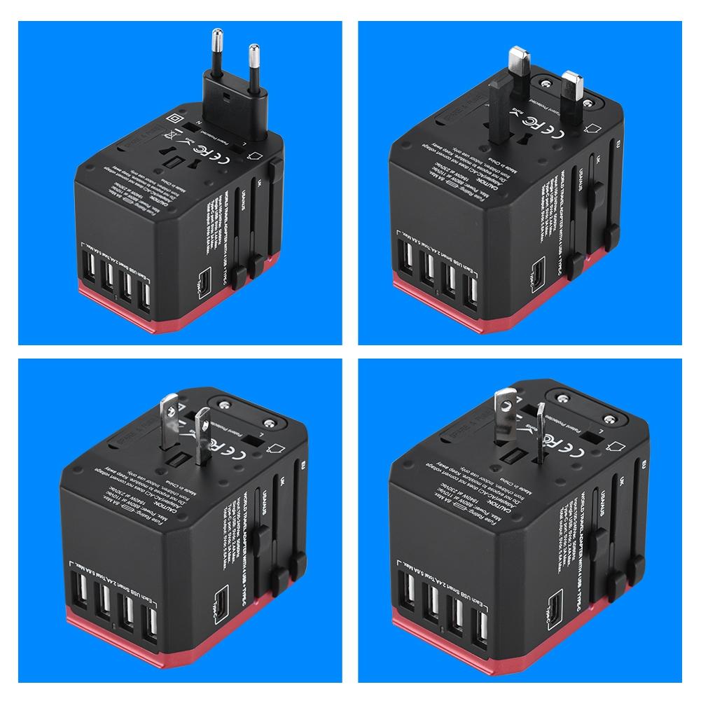 Universal Travel Adapter Plug 4 USB Ports Type C Sockets Converter for (Red)